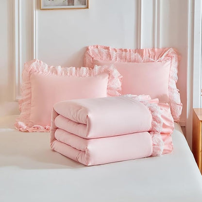 Joyreap Queen Size Comforter Set Blush Pink, 3pcs Lace Ruffled Bedding Comforter Set, Microfiber Vintage Boho Chic Bedding Set for All Season- 88x88 inches