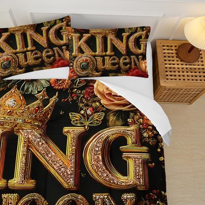 King and Queen Comforter Set Black and Gold，King and Queen Bedding Set，Red Floral Quilt Set Queen Size，with 1 Comforter with 2 Pillow Case