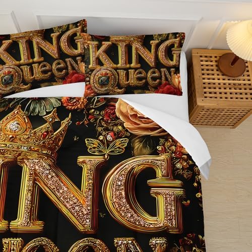 King and Queen Comforter Set Black and Gold，King and Queen Bedding Set，Red Floral Quilt Set King Size，with 1 Comforter with 2 Pillow Case