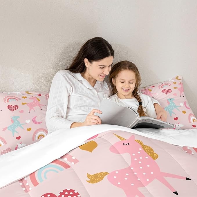 Feelyou Girls Unicorn Comforter Set Full Size Kids Cute Pink Rainbow Horse Decor Comforter for Unicorn Lover Daughter Bedding Set Boho Star Moon Duvet Set (1 Comforter + 2 Pillowcases, Full)