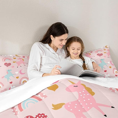 Feelyou Girls Unicorn Comforter Set Toddler Size Kids Cute Pink Rainbow Horse Decor Comforter for Unicorn Lover Daughter Bedding Set Boho Star Moon Duvet Set (1 Comforter + 1 Pillowcases, Toddler)