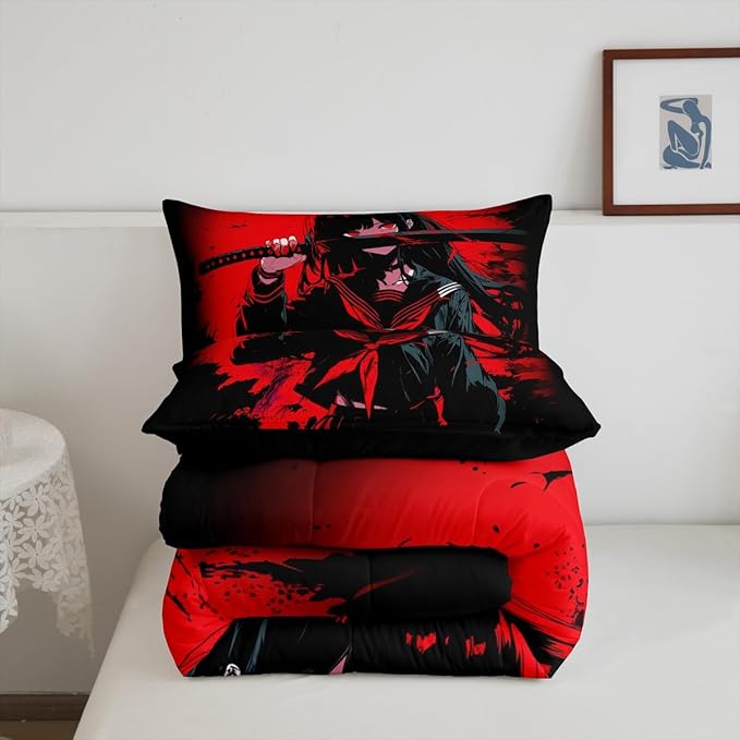 Erosebridal Japanese Anime Bedding Set for Kids, Anime Girl Comforter Set Full Size Japanese Girl Duvet Insert for Girls Teens Adult Room, Kawaii Animation Red Black Quilt, Machine Washable