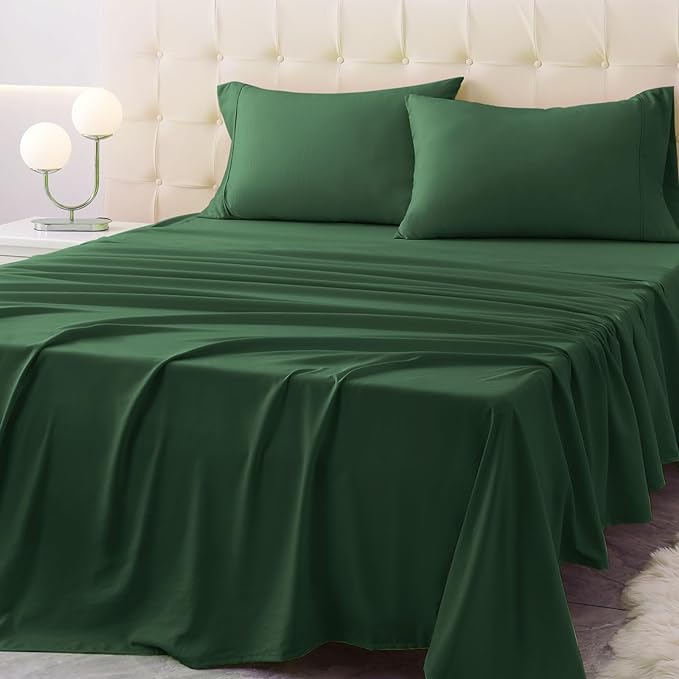 California King Size Bed Sheet Set - 4 Piece Soft Microfiber Sheets with Deep Pockets, Cooling Technology, and Wrinkle-Free Pillowcase. Hotel-Quality, Durable Bedding, Eden Green