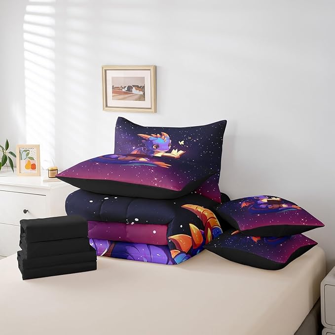 Lovely Dragon Comforter Set 7 Pieces Full Size,Purple Black Ombre Galaxy Bedding Set for Kids,Cartoon Western Dragon Animal (Comforter+Fitted+Flat Sheet+2 Pillowcases+2 Throw Pillow Covers)