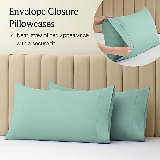 LuxClub 4 PC Queen Sheet Set, Breathable Luxury Bed Sheets, Deep Pockets 18" Wrinkle Free Cooling Sheets Machine Washable Hotel Bedding Silky Soft - Light Teal Queen