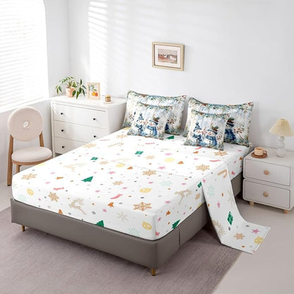 Castle Fairy Funny Xmas Snowman Reversible 7 Pieces Comforter Set,Blue Christmas Flowers Bed Sheet Set for Kids Teens Boys,Botanical Fruits Plants Bedding Set with Comforter,Fitted & Flat Sheet,Queen