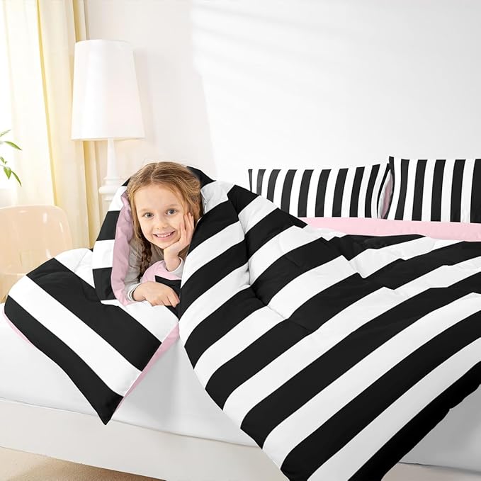 Erosebridal Black and White Striped Twin Comforter Set (Pink Reversible) | Striped Bedding Set Pink and Black Comforter Sets for Kids Teens Adults Cute Pinstripe Girls Bed Quilt Sets