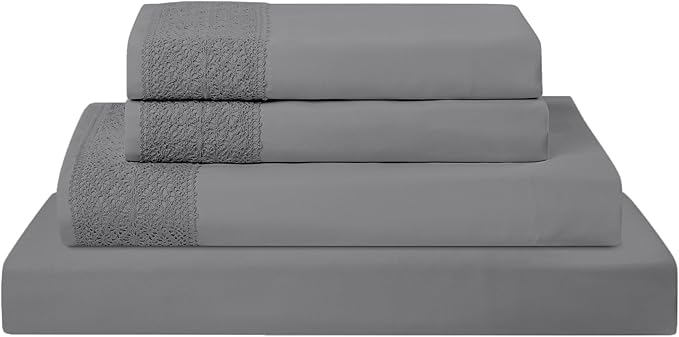 Modern Threads 4 Piece Microfiber Sheet Set – Soft Cooling Bed Sheets with Crochet Lace – Deep Pocket, Wrinkle Free, Breathable, Hotel Luxury Bedding, Charcoal Gray, King