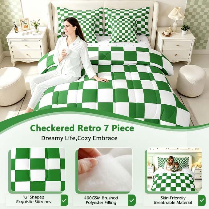 Feelyou Checkered Retro 7 Piece Bedding Set Teen Women Men Green White Plaid Comforter Set with Sheets Full Size Kids Boys Geometric Vintage Bed in a Bag Modern Simple Groovy Aesthetic Room Decor