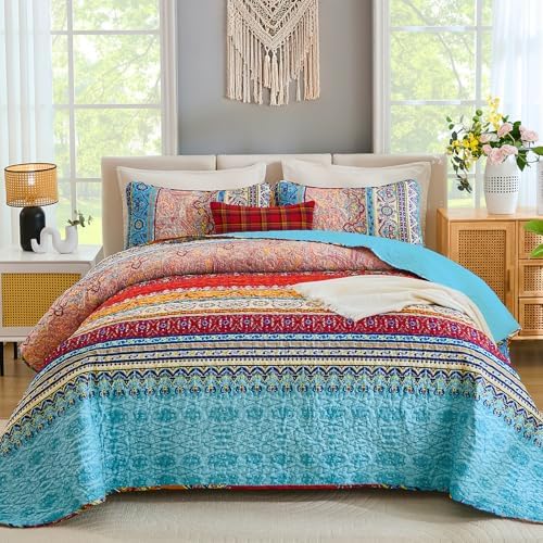 WONGS BEDDING Blue Quilt Queen Size, Boho Stripe Bedding Set