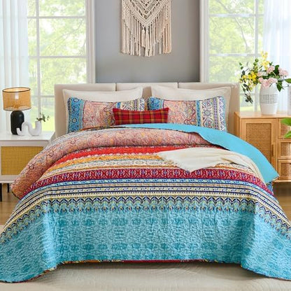 WONGS BEDDING Blue Quilt Queen Size, Boho Stripe Bedding Set