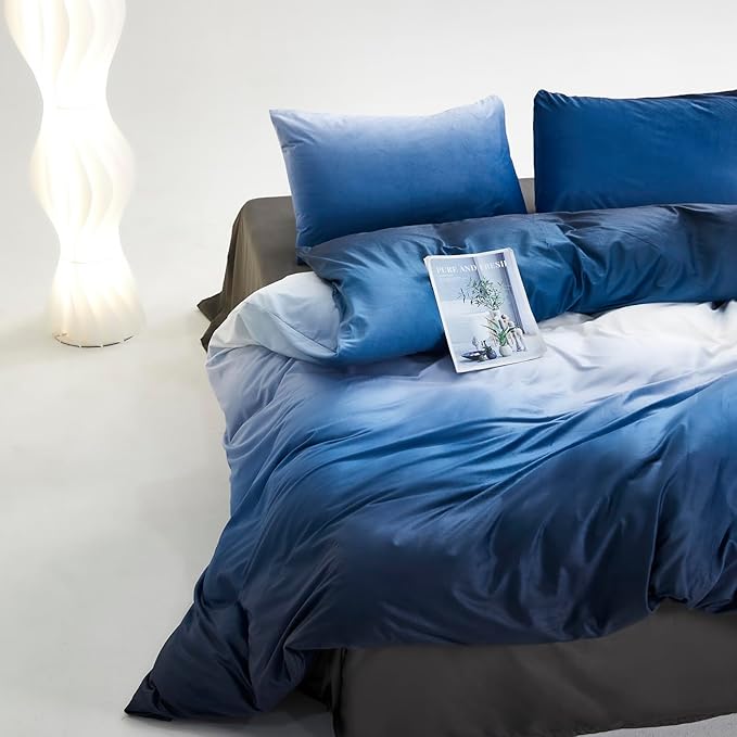 Cottonight Velvet Fluffy Comforter Full Blue Gradient Plush Flannel Bedding Set Women Men Thick Warm Winter Blanket Quilts Sherpa Micromink Ink Color Navy Blue Plush Fashion Bedding