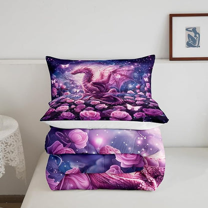 Pink Dragon Comforter Set Queen Size,Rose Flower Galaxy Butterfly Bedding Set for Kids Boys Girls Room Decor,Glitter Starry Sky Fantasy Duvet Insert 3Pcs,Wild Animal Nature Quilt Set,2 Pillowcases