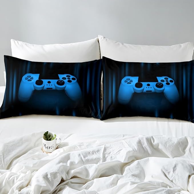 Feelyou Boys Gamer Comforter Set Toddler Size Bedding Set for Kids Gaming Comforter Blue Black Video Games Gamepad Room Decor for Teens Child Super Soft Geometric Duvet Quilted Son Grandson Gift