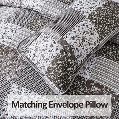 Mybedsoul Grey Boho Quilt King Size, Patchwork Floral Bedding Set