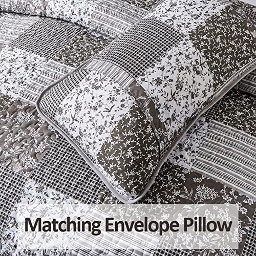 Mybedsoul Boho Quilts Queen Size, Floral Patchwork Bedding Set, Grey