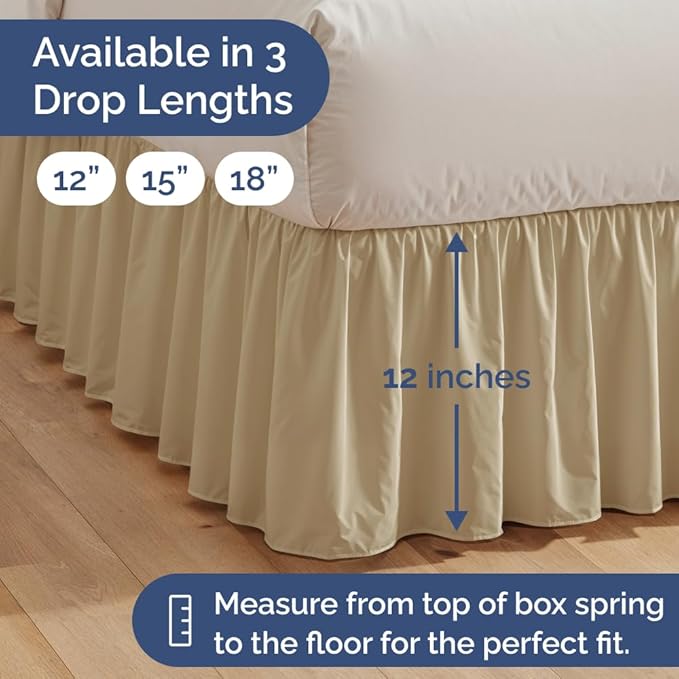 Bedskirt Queen Size Ruffle - 12 inch Drop Dust Ruffle Bed Skirt with Platform - Ultra-Soft, Easy Fit, Premium Hotel Quality - Wrinkle, Fade & Shrink Resistant - for Women, Men, Kids and Teens - Beige