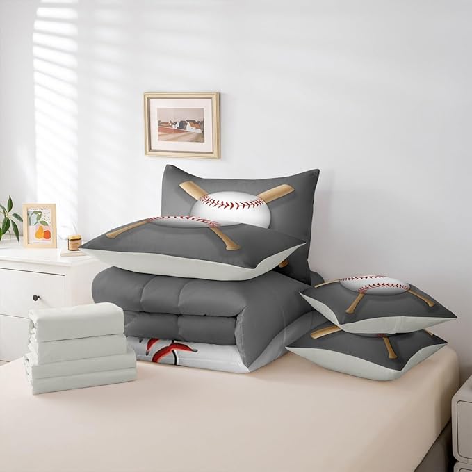 Erosebridal Baseball Bat Bed in a Bag Queen Comforter Set 7 Piece,Sports Ball Bedding Sets Ball Game Sheet Set with Comforter