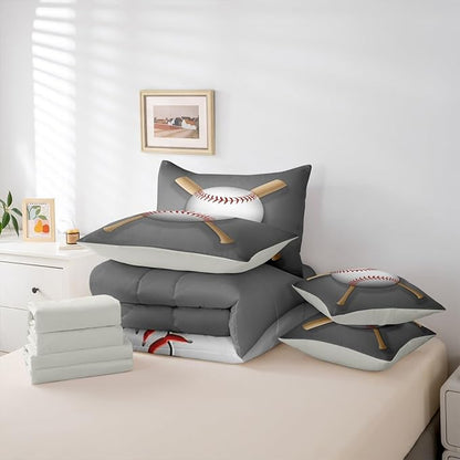 Erosebridal Baseball Bat Comforter Set 7 Piece Bed in a Bag Twin,Sports Ball Bedding Sets Ball Game Sheet Set with Comforter