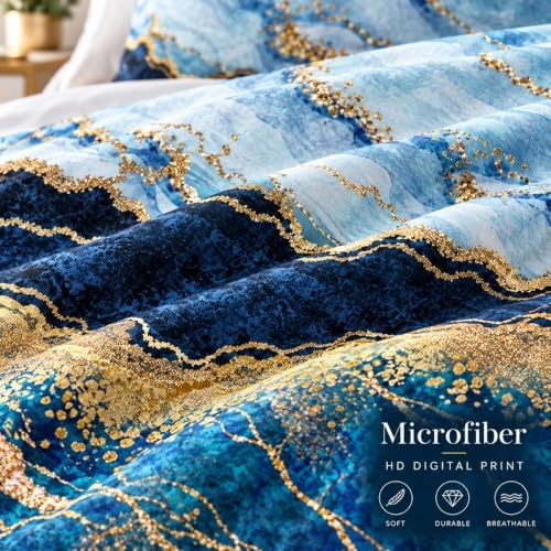 Royal Blue Marble Duvet Cover Set Queen Size Sequin Gold Bedding Comforter Covers with 2 Pillow Shams Breathable Durable Soft Comfy