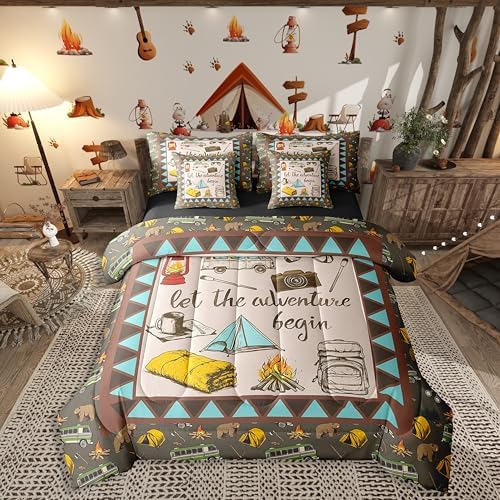 Erosebridal Camper Accessories 7 Piece Bedding for Travel Trailers,Aztec Farmhouse Style Comforter Set Queen Bed in a Bag for Kids Boys Girls,Happy Camping Bed Sheets,Bear Travel Car Down Comforter
