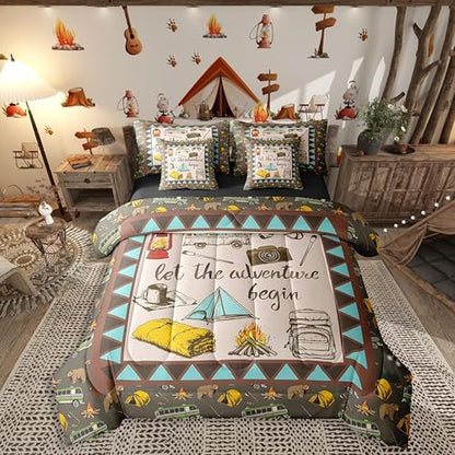 Erosebridal Camper Accessories 7 Piece Bedding for Travel Trailers,Aztec Farmhouse Style Comforter Set Queen Bed in a Bag for Kids Boys Girls,Happy Camping Bed Sheets,Bear Travel Car Down Comforter