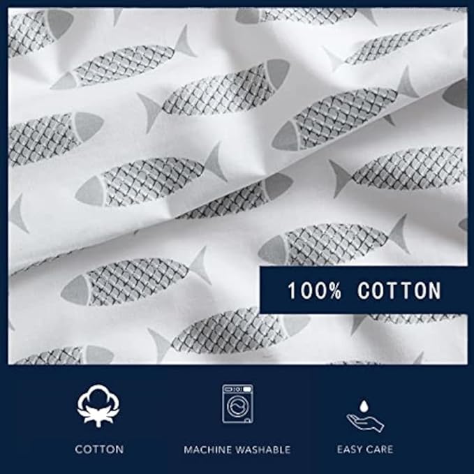 Nautica - Full Size Sheet Sets, Cotton Percale Bedding Set, Crisp & Cool, Coastal Home Decor (Woodblock Fish Grey, Full)