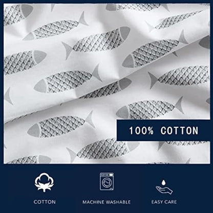 Nautica - Full Size Sheet Sets, Cotton Percale Bedding Set, Crisp & Cool, Coastal Home Decor (Woodblock Fish Grey, Full)
