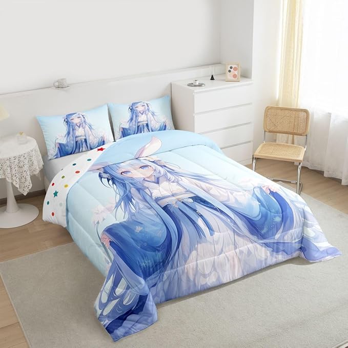 Erosebridal Traditional Japanese Girl Comforter Set Kawaii Decor, 3D Anime Girl Bedding Sets Cartoon Japanese Girl Bed Set for Kids Girls Blue Butterfly Decorations Down Comforter Twin Size