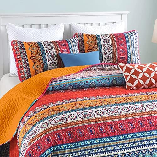 WONGS BEDDING Boho Quilt California King, Orange Blue Stripe Bedding Set