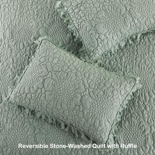 HORIMOTE HOME Sage Green Ruffled Quilt Twin Size, Shabby Chic Floral Quilt Set Lightweight Crinkled Farmhouse Rustic Bedding Set, 2 Pieces Reversible Bedspread with 1 Pillow Sham for All Season
