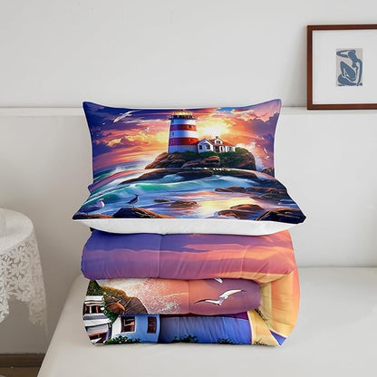 Castle Fairy 3D Lighthouse Comforter Set Queen Size Dreamy Sunset Sky Bedding Set Toddler Bedroom Decor Natural Coastal Scenery All Season Quilt Set Ocean Wave Bedding Comforter Sets,3Pcs