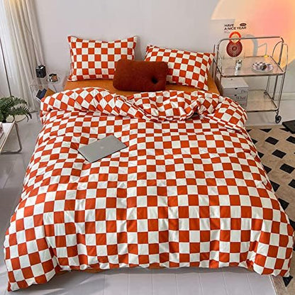 Wellboo Orange White Plaid Comforter Sets Twin Women Girls Light Red Checkerboard Bedding Comforters Cotton Rust Caramel and White Checkered Geometric Quilts Adults Modern Grid Abstract Simple Bed