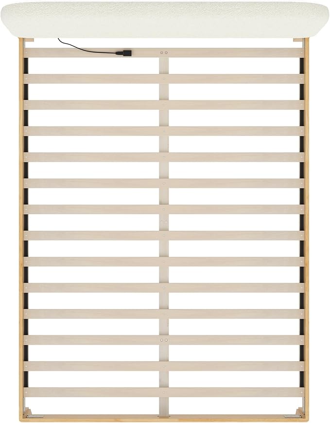 KISLOT Wood Bed Frame with USB & Type-C, Boucle Headboard, Cream, Queen | Platform Bed, Mattress Foundation, No Box Spring Needed, Easy Assembly