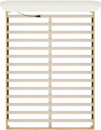 KISLOT Wood Bed Frame with USB & Type-C, Boucle Headboard, Cream, Queen | Platform Bed, Mattress Foundation, No Box Spring Needed, Easy Assembly