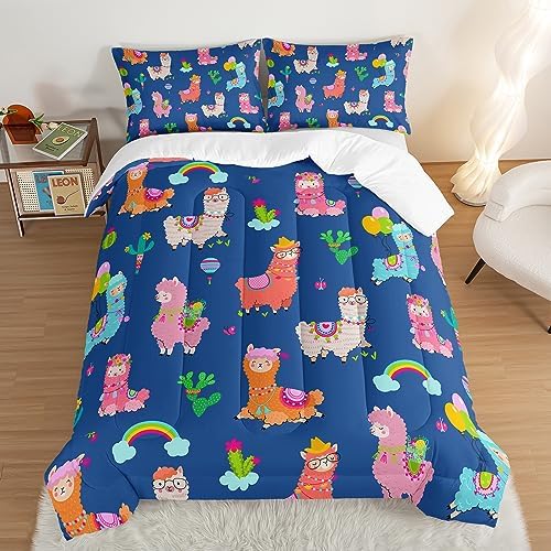 HOSIMA Kids Cute Llama Bed in a Bag King Size Comforter Set,Cartoon Rainbow Alpaca Comforter with 2 Pillowcases,Animal Bedding Sets for Children Room Decor,Blue Toddler Bedding Set for Boys Girls.