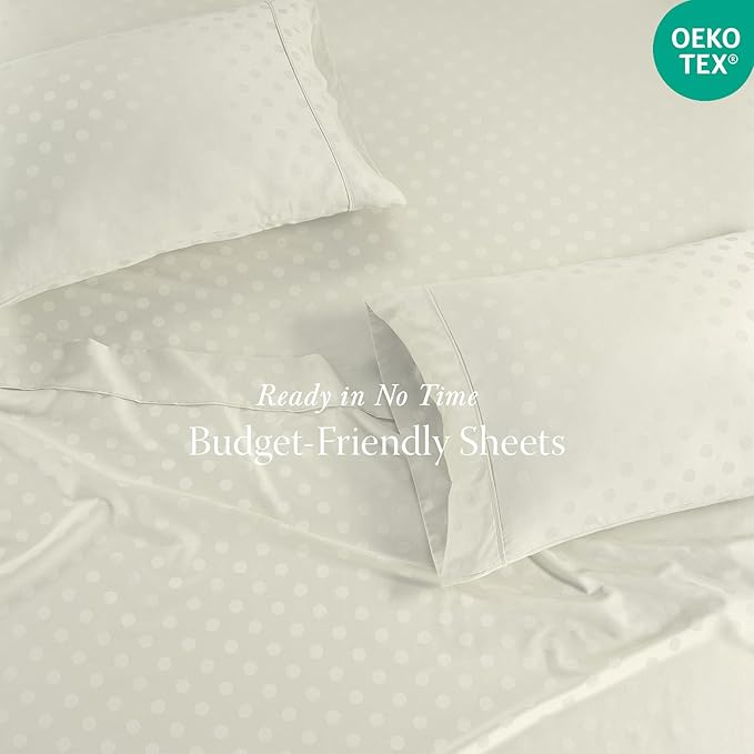 Threadmill Cotton Queen Sheet Set | 100% Cotton Sheets for Queen Size Bed | Damask Jacquard Queen Bed Sheets Set with 16” Deep Pocket | Soft Sateen Weave 4-Piece Cooling Bedding Set | Ivory