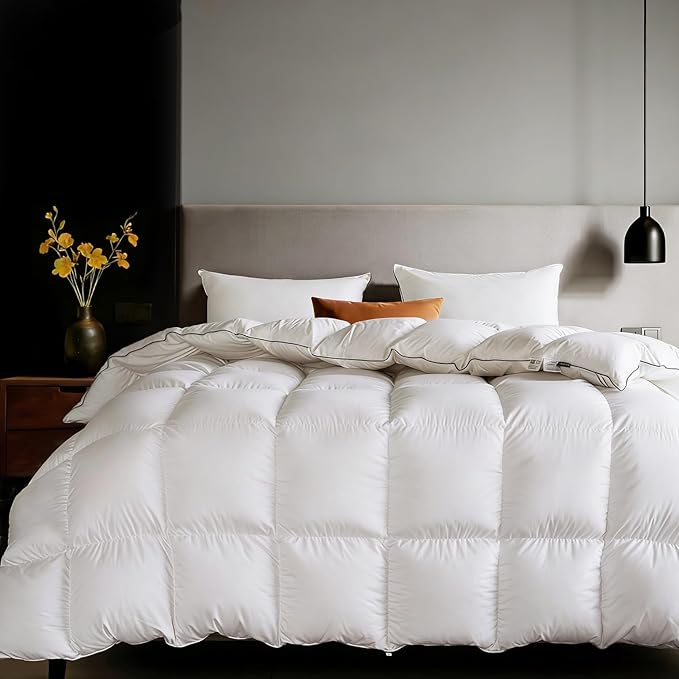 Goose Feather Down Fiber Comforters California King Size, Extra Fluffy White Duvet Insert, Ultra-Soft, Breathable, Noiseless, All Season Hotel Luxury Bedding Comforters 104"x96"