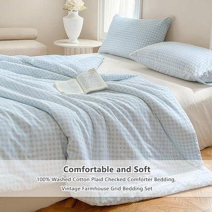 NSNLGSGC Light Blue Gingham Cotton Comforter Set King, 100% Washed Cotton Blue Plaid Checked Comforter Bedding, 3 Pieces Vintage Farmhouse Grid Bedding Set(Light Blue Gingham, King)