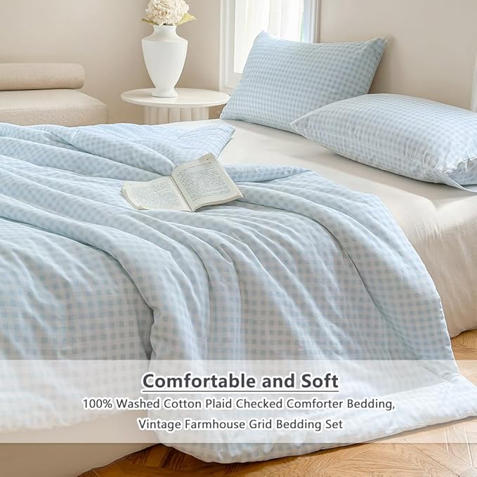 NSNLGSGC Light Blue Gingham Cotton Comforter Set Queen, 100% Washed Cotton Blue Plaid Checked Comforter Bedding, 3 Pieces Vintage Farmhouse Grid Bedding Set(Light Blue Gingham, Queen)