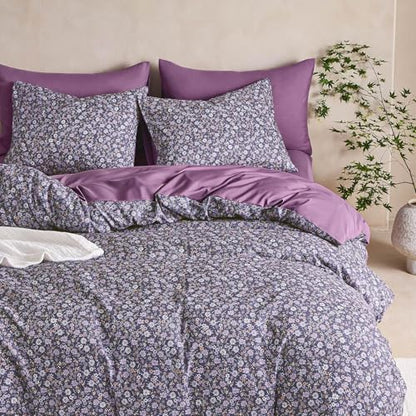 Wake In Cloud - Floral Comforter Set, Cute Vintage Flower Cottagecore Aesthetic for Women Teen Girls, Soft Lightweight Dorm Bedding, 3 Pieces, Dusty Purple, Full Size