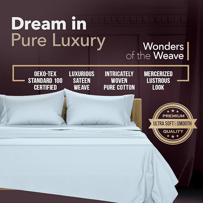 TEXAS LINEN CO. 100% Egyptian Cotton Sheets Queen Size - 2000 Series Luxury Queen Bed Sheet Set, Silky Soft Cooling Sateen Weave, 17” Extra Deep Pocket Hotel Collection Sheets (4 Pc, Light Blue)