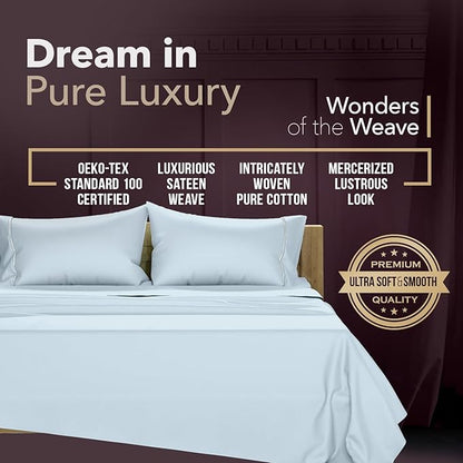 TEXAS LINEN CO. 100% Egyptian Cotton Sheets Queen Size - 2000 Series Luxury Queen Bed Sheet Set, Silky Soft Cooling Sateen Weave, 17” Extra Deep Pocket Hotel Collection Sheets (4 Pc, Light Blue)