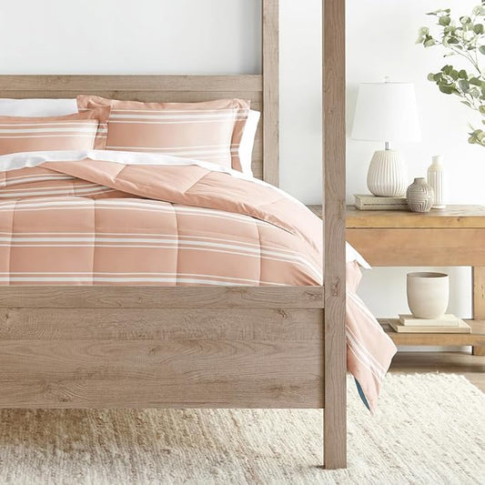 LINENS & HUTCH Comforter Set Patterned Microfiber All Season Down-Alternative Ultra Soft Bedding in Soft Stripe - King/Cal-King Soft Stripe Rose