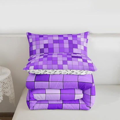 Pixelated Blocks Miners Kids Bedding Set King Size,Video Games Game Gamepad Comforter Set,Geometric Grid Patchwork Quilt Comforter,Purple Bedroom Duvet Insert,2 Pillowcases
