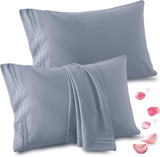Vonty 2 Pack Queen Pillow Cases - 20x30 Inch, 1800 Thread Count Microfiber Pillowcases Queen Size Grey Pillow Cases Luxury & Soft Embroidered Bed Pillow Covers with Envelope Closure