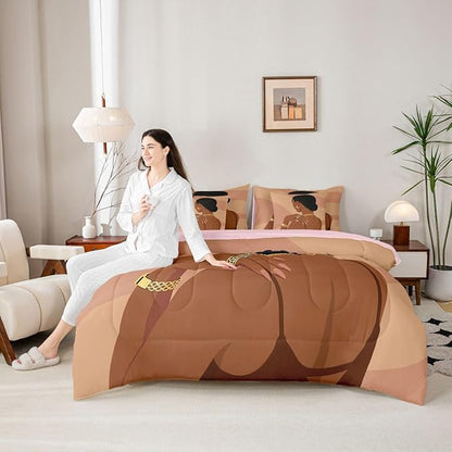 Fashion Black Woman Sheet Set With Comforter Queen Size Romantic Makeup Themed Girls 7 Piece Bedding Set Fashionable Gorgeous Comforter Sets Vogue Afro Girls Bed In A Bag For Kids Teens Adult Bedroom