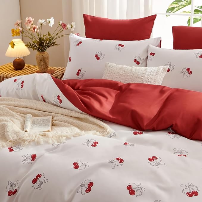 White Queen Comforter Set - Red Cherry Comforter Set Queen Size, Heart Quilt Bedding Set 3 Pieces, Soft & Lightweight Comforter(90‘’ x 90‘’) for Girl All Season & 2 Pillowcases(30‘’x20‘’)