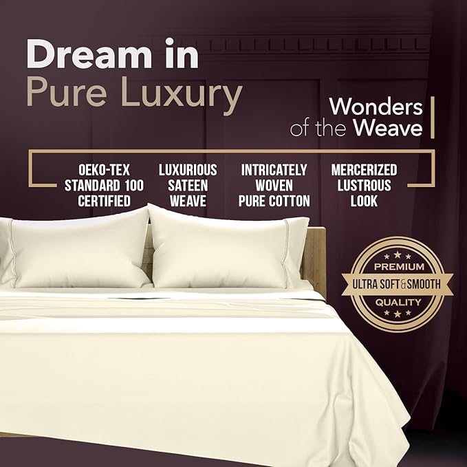TEXAS LINEN CO. 100% Egyptian Cotton Sheets California King Size - 2000 Series Luxury Cal King Sheet Set, Soft & Cooling Sateen Weave, 17” Extra Deep Pocket Hotel Collection Sheets (4 Pc, Ivory)