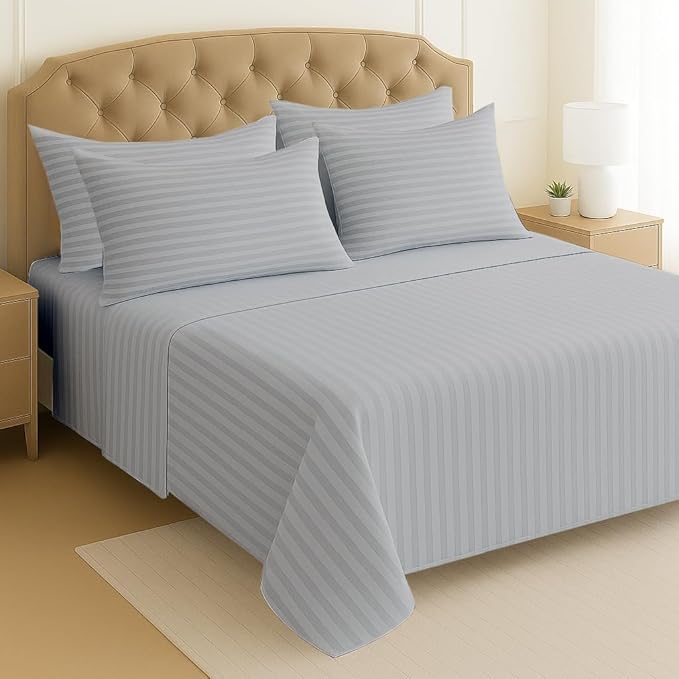 Mattress-Homes Extra Deep Pocket 6 Piece Full Sheet Set, Hotel Luxury Collection, 100% Egyptian Cotton, 21" Deep Fitted Sheet, Soft, Cool & Breathable Bedding with 4 Pillowcases in Light Grey Stripe